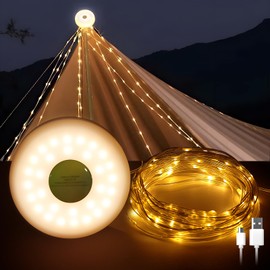 Luces de camping, luces navideñas, cadena de luces de camping (8 m) con gancho, 5 modos de luz, luz de camping portátil IPX5 impermeable, luz de tienda recargable por USB (luz cálida)