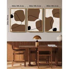 PHOPAGO Boho Geometric Framed Wall Art Large 16x24in Mid-Century Trio of Multicolored Brown Ovals Shape Black Lines Illustration Modern Minimalist Painting Decorative Artwork Natural Framed