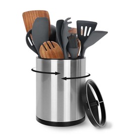 Nigelia Extra Large Kitchen Utensil Holder - 360° Rotating Stainless Steel Cooking Utensil Holder for Countertop, 3 Compartment Flatware Organizer & Utensil Caddy with Removable Base（Silvery）