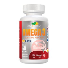 Suplemento Alimenticio NATUR PHARMA OMEGA 3 Aceite de pescado EPA 18% DHA 12% frasco con 60 softgel de 1.4 g c/u