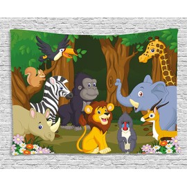 Ambesonne - Tapiz de animales con diseño de dibujos animados, estilo gazela, jirafa, gorila, león, animales, para colgar en la pared para recámara, sala de estar, recámara, 80 x 60 pulgadas, café