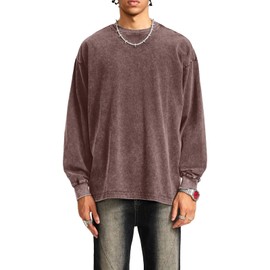Tuislay Vintage Oversized T Shirts for Men Cotton Baggy Crewneck Streetwear Sweatshirt Acid Wash Long Sleeve Tee Shirts Top (Coffee,L,Large)