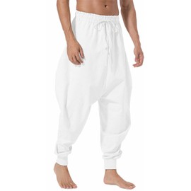 AITFINEISM Mens Casual Harem Pants Elastic Waist Loose Fit Aladdin Hippie Trousers (Medium, 012 White)