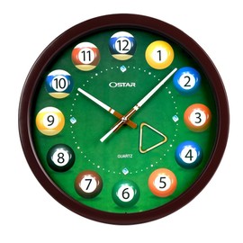 OSTAR Big Large Billiard Pool Ball Wall Clock, Battery Operated, Cue Hand, Non Ticking Quality Quartz, 14" Snooker Game