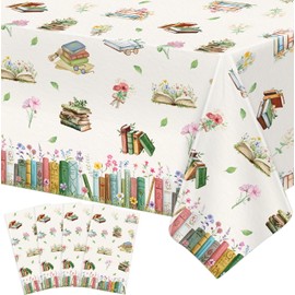 4 Pack Book Table Cloth Book Themed Tablecloth Library Reading Theme Party Decorations Storybook Party Table Covers for School Party Baby Shower Teacher Appreciation Education Supplies 51X86IN