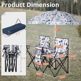Ynredee Double Camping Chair with Removable Umbrella,Folding Two-Person Seat Beach Chairs with Cup Holder Cooler Bag,Folding Camping Loveseat Chairs for Sports Lawn Patio Outside (Coconut Tree)