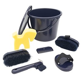 PFIFF 102361 Cleaning Set, Lockable Cleaning Bucket Filled, Horse Grooming Box, Dark Blue