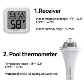 RAINPOINT Wireless Pool Thermometer - Accurate Swimming Pool and Pond Temperature Monitor with Indoor Display - Celsius/Fahrenheit Switch on Main Unit - Sensor Reads Celsius Only