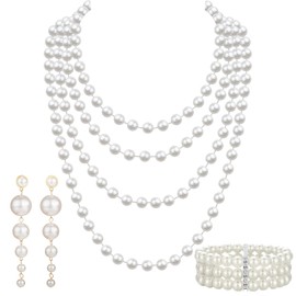 agogue 1 piece pearl necklace long, 1 piece pearl bracelet and 1 piece earrings beads, pearl necklace women's 3-piece set, retro fashion jewellery, pearl bracelet, women's vintage beads set for party