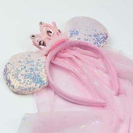 Esumun Pink Princess Crown Mouse Ear Headband with Veil, Fashion Glittering Headwear for Children Toddler School Girls