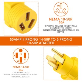 Kanayu 50Amp RV to Stove Adapter Compatible with NEMA 14-50P to 10-50R, 4 Prong Generator RV 14-50P Male to 3 Prong Stove, Oven 10-50R Adapter Generator Dryer Power Cord Connector(Yellow)
