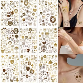 9 Sheets Gold Glitter Temporary Tattoos with 188+ Designs, Non-Toxic Ink for Parties, Festivals, and Daily Use