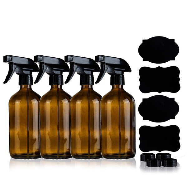 Amber Glass Spray Bottles For Cleaning Solutions (4 Pack) - 16 Ounce, Refillable Sprayer for Essential Oil, Water, Kitchen, Hair. Durable Black Trigger Sprayer w/Mist and Stream Settings