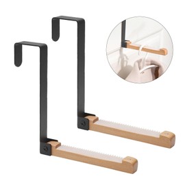 Folding Door Coat Rack, Door Hooks, Clothes Hooks, No Drilling, Pack of 2 Door Hooks, Folding Door Hooks, Interior Black Metal & Wood for 4.5 cm Door Rebate Bag, Clothes and Towels
