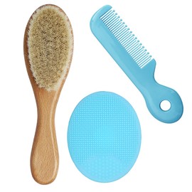 Baby Hair Brush Set with Wooden Handle, Silicone Brush for Cradle Cap - Soft Goat Bristles, Perfect Baby Registry Gift for Newborns & Toddlers