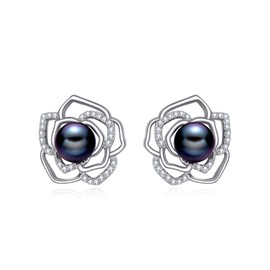POPLYKE Black Pearl Earrings for Women Sterling Silver Rose Stud Earrings Black Pearl Jewelry Gift for Women (black pearl - rose)