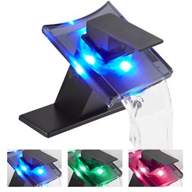 Black Bathroom Sink Faucet LED Light 3 Colors Changing Waterfall Glass Spout Hot and Cold Water Mixer Single Handle One Hole Deck Mounted Bathroom Faucet Lavatory Vanity Basin Mix Tap Commercial