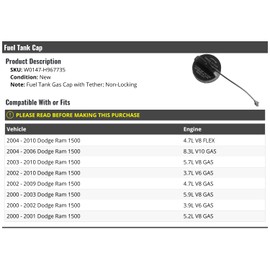 Fuel Tank Cap with Tether - Compatible with 2000-2010 Dodge Ram 1500