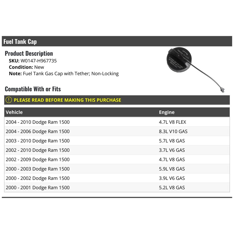 Fuel Tank Cap with Tether - Compatible with 2000-2010 Dodge
