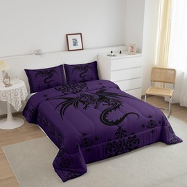 Feelyou Dragon Bedding Set Kids Boys Teens Gothic Damask Paisley Floral Comforter Set Full Size Women Bohemian Exotic Duvet Insert Animal Theme Room Decor,Purple Black