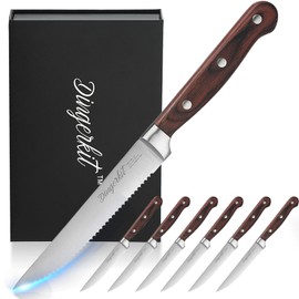Dingerkit Steak Knives Set of 6, German Stainless Steel Steak Knife Set with Pakkawood Handle, Professional Serrated Steak Knives for Dinner Knives with Gift Box, 5″