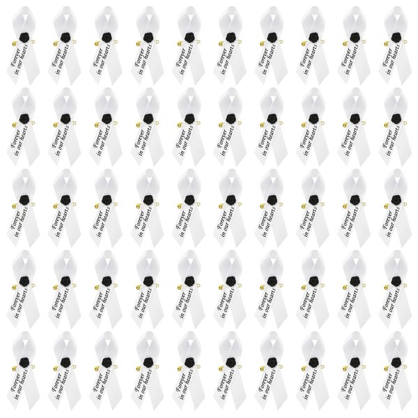 WANDIC White Ribbon Satin with rose, 50 Pieces Memorial Ribbon
