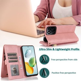 Compatible with Honor 200 Smart / Honor X7C / Honor Play 60 Plus/Play 9T 5G Wallet Case Screen Protector and Zipper Retro Leather Flip Cover Card Holder Stand Cell for 200Smart Play9T Women Rose Gold