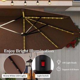 HAPPYGRILL 13 FT Double-sided Patio Umbrella with Solar Lights, Crank Handle & 12 Heavy-Duty Ribs, Outdoor Twin Size Oversized Rectangle Market Umbrella for Garden Deck Poolside (Coffee)