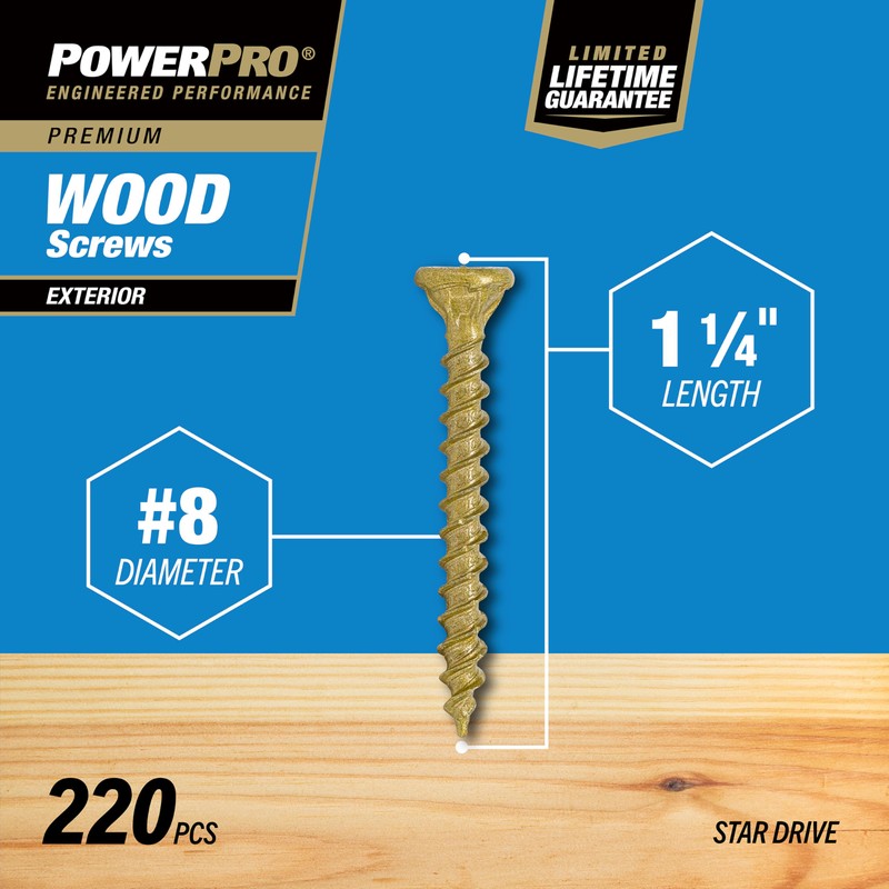 Power Pro Premium Exterior Wood Screws, #8 x 1-1/4"Inch All-Purpose