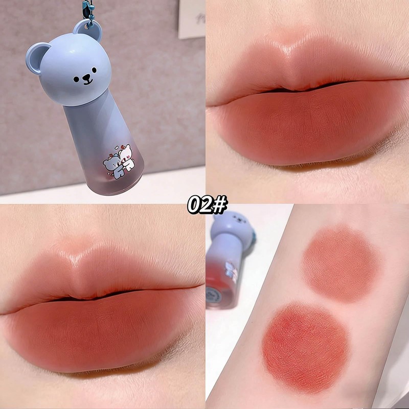 4Pcs Cute Bear Liquid Lipstick Set,Velvet Cream Red Long Lasting