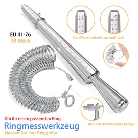Ring Sizing Tool Set for Finger Size Measurement, Jewellery Making, Ring Deformation Correction, European Size 41-76 Comes with Storage Box, 0-17 Soft Ruler, Repair Hammer and Polishing Rod, Metal