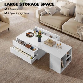 YITAHOME Extendable LED Coffee Table with 4 Storage Drawers, High Glossy LED Coffee Tables for Living Room, Modern Wooden Rectangle Cocktail Table with Open Shelves & Sliding Tabletop 35"- 61", White