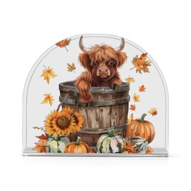 Fustylead Highland Cow Pumpkin Fall Napkin Holder for Table Acrylic Vertical Napkin Holders for Paper Napkins Sunflowers Maple Leafs Decorative Napkin Dispenser for Home Party Dining Cocktail Kitchen