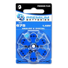 Premium Batteries Size 675 PR44 1.45V Hearing Aid Batteries Blue Tab (60 Batteries)