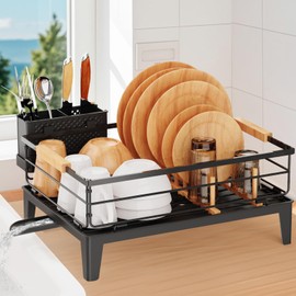 JYPS Dish Drying Rack for Kitchen Counter Decor with Drainboard Auto-Drain，Rustproof Dish Rack Drainers with Utensil Holder, Wooden Handles，360° Rotatable Drainer, Higher Legs (Black)