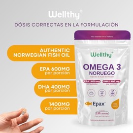 Wellthy Omega 3 Epax® 130 Cápsulas Ácidos Grasos 2000mg. Aceite de Pescado Noruego Ultraconcentrado. 30% EPA y 20% DHA La más alta concentración, Alta