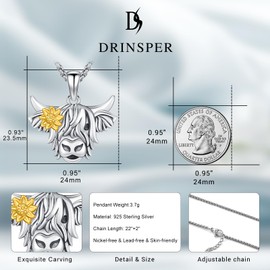 DRINSPER Highland Cow Necklace Gifts for Women 925 Sterling Silver Cow Pendant Cute Animal Scottish Jewelry
