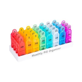 Portabs Pastillero Mensual AM/PM 32 Compartimentos | Caja Organizadora de Pastillas Dos Tomas Diarias | Portátil Seguro y Libre de BPA