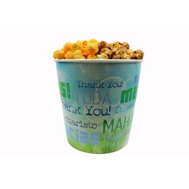 Signature Popcorn - 1-gallon Multi Language Thank You Reusable Plastic Tin - Half Caramel & Half Cheddar Cheese - Christmas/Holiday Gift