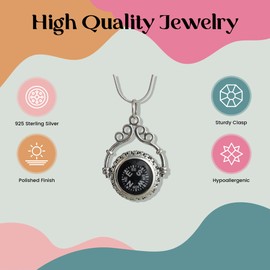 FashionJunkie4Life Compass Pendant Necklaces for Men and Women, Sterling Silver, Cubic Zirconia
