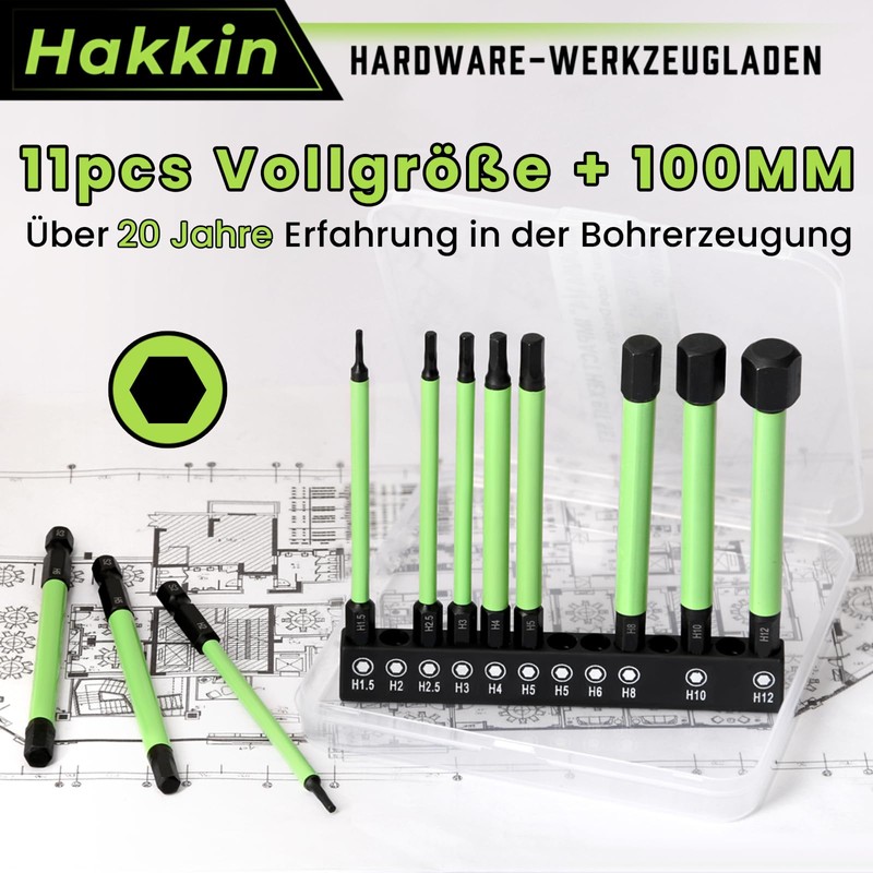 Hakkin 100 mm Hex Bits Set Long 11 Pieces Hex