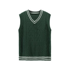 GORGLITTER Men's Striped Cable Knit Sweater Vest Sleeveless V Neck Pullover Sweater Tops Dark Green Small
