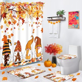 Tayney Fall Gnomes Shower Curtain Set with Toilet Lid Cover and Non-Slip Rugs, Autumn Maple Tree Leaves 4 Pcs Shower Curtains for Bathroom, Cute Bathroom Set Decor