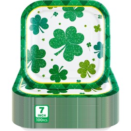 Sunnychicc 100 Pcs St. Patrick's Day Green Dessert Plates Lucky Shamrock Square Disposable Plates Green 7 Inch Paper Dinner Plates for Irish Festival Holiday Party Favors Supplies(Classic Style)