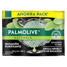 Palmolive Naturals Jabón de Baño Arcilla Negra y Aceite de Eucalipto 4x120g  Limpia las Impurezas de tu Piel, Con Ingredientes 100 de Origen Natural, 