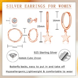 Kamise 925 Silver Earrings, 925 Sterling Silver Earrings Set for Women, Rose Gold 3 Pairs Stud & Twist Hoop & Star Dangle Hypoallergenic Silver Sleeper Earring for Multiple Piercings