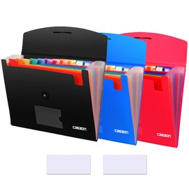 3 Pack 13-Pocket Expanding File, Plastic Expandable File Folder with Pockets, Accordion Organizer Folder - Black&Blue&Red