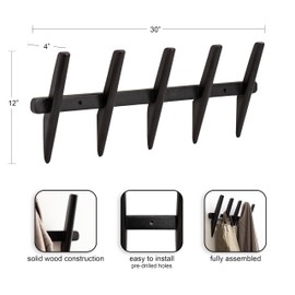 Kate and Laurel Eland Modern Five-Hook Wall Hanging Coat Rack, 30 x 4 x 12, Black, Decorative Wood Coat Rack Wall Mount for Use as Entryway Storage or Mudroom Hooks