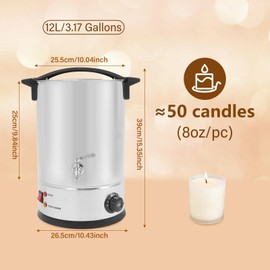 12L Stainless Steel Commercial Wax Melter, Electric Candle Wax Melting Pot, Adjustable Temperature Candle Wax Melter for Candle Making, for DIY Home Business Candle Maker, Sliver