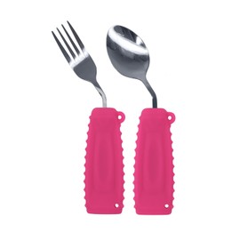 Ehucon Adaptive Weighted Silver Tableware Angle Spoon and Fork Set for Hand Tremors Parkinsons Independent Food (Right Hand, Pink, Pack of 2)
